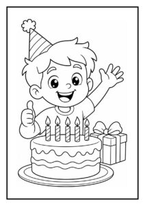 Kleurplaat van een jongen die zijn verjaardag viert met een taart en een cadeau.