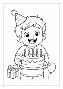 Kleurplaat van een jongen die een verjaardagstaart vasthoudt met een cadeau en ballon naast zich