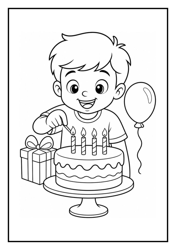Kleurplaat van een jongen die kaarsjes aansteekt op een verjaardagstaart met een cadeau en een ballon erbij.