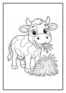 Kleurplaat van een vrolijke koe die over een laag hek springt op de boerderij
