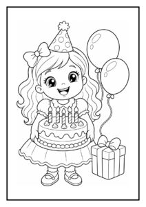 Kleurplaat van een vrolijk meisje met een verjaardagstaart, feesthoed, ballonnen en een cadeau