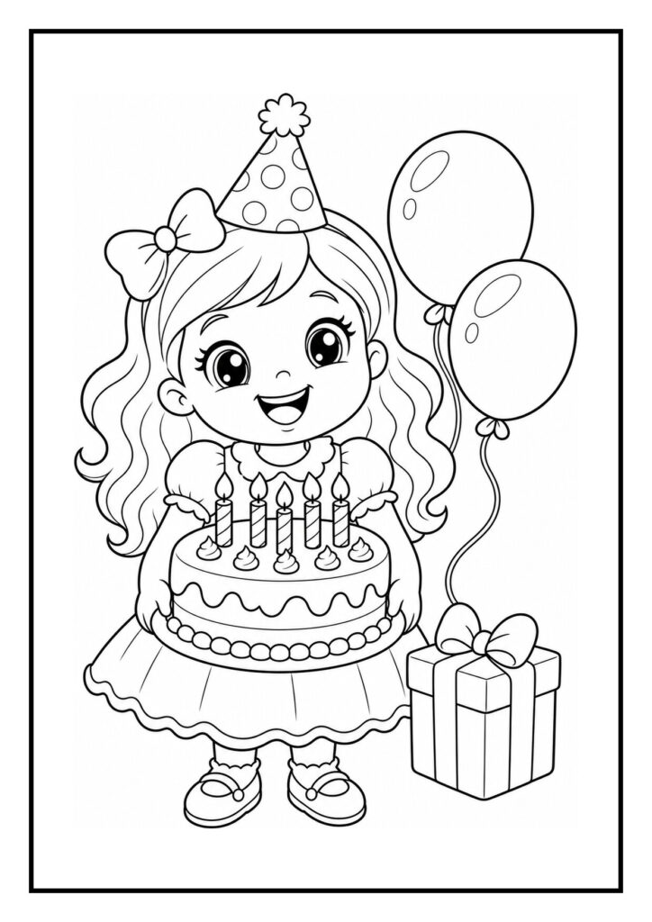 Kleurplaat van een vrolijk meisje met een verjaardagstaart, feesthoed, ballonnen en een cadeau