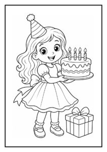 Een meisje met een feestmuts dat een verjaardagstaart met vier kaarsjes vasthoudt naast een cadeau en ballonnen loslaat