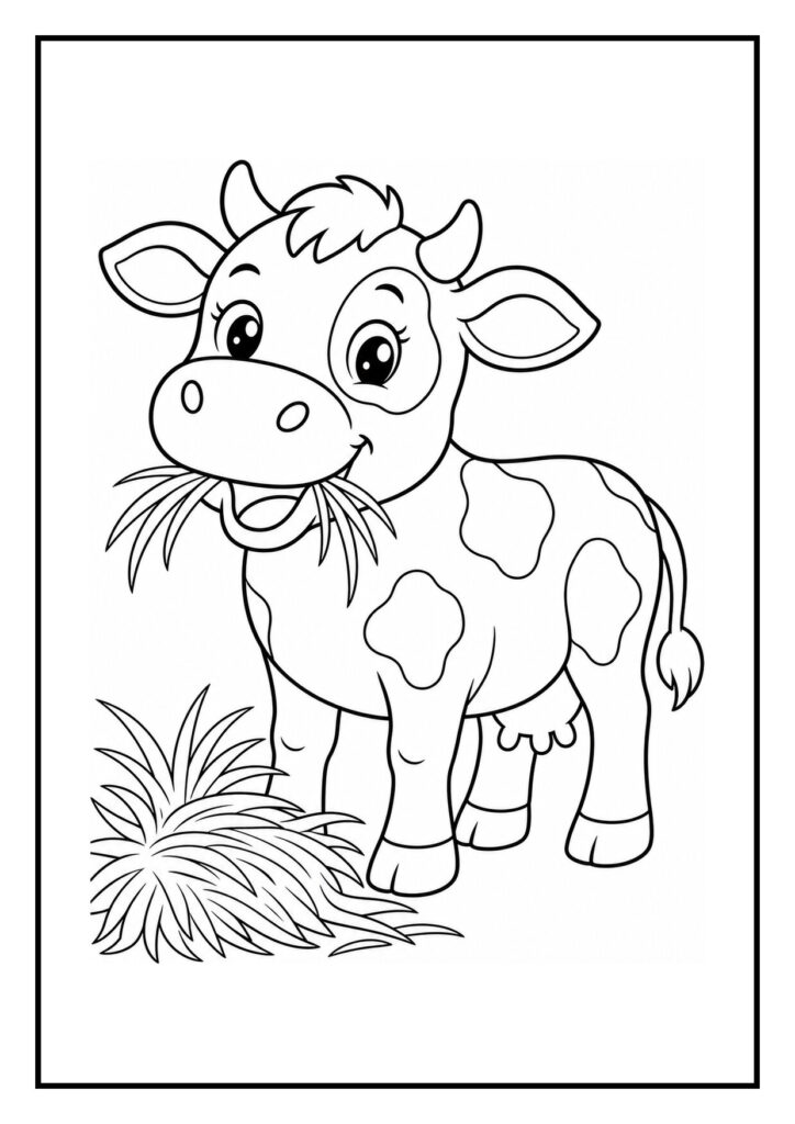 Kleurplaat van een schattige cartoon koe die bloemen eet in een veldje met een vrolijke uitstraling