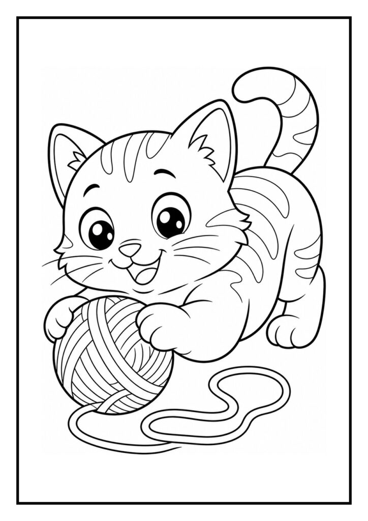 Een schattige kleurplaat van een vrolijke kat die speelt met een bol wol.