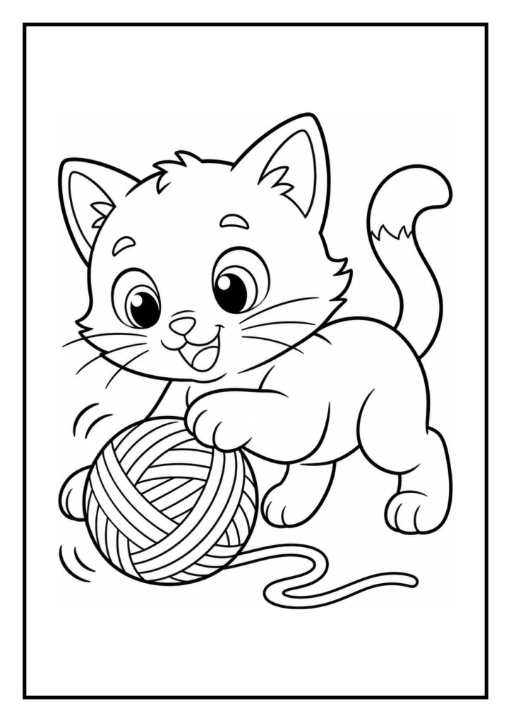 Vrolijke kat die speels in een kartonnen doos duikt met een bol wol erbij