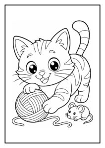 Leuke kleurplaat van een speelse kat die met een bol garen speelt terwijl een klein muisje toekijkt