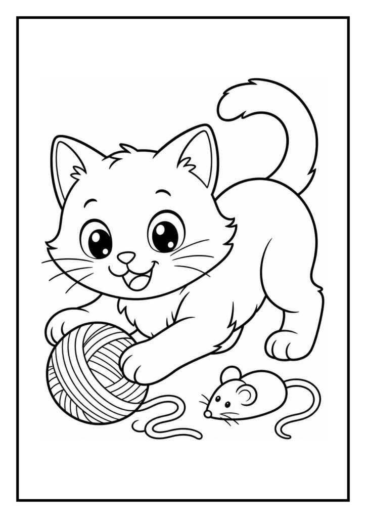 Kleurplaat van een schattige kat die door een tunnel kruipt met een bolletje wol en muisje ernaast.
