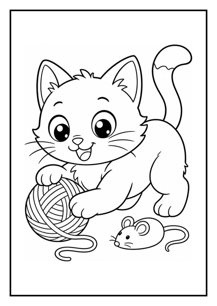 Vrolijke kleurplaat van een kat die speels hoog over een speelgoedblok springt