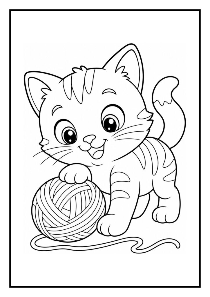 Kleurplaat van een speelse kitten die nieuwsgierig naar een muisgaatje gluurt