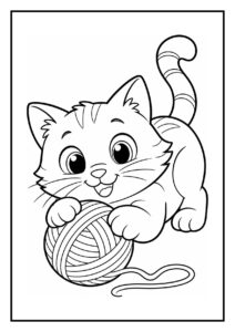 Leuke kleurplaat van een speelse kitten met een bol wol en een verjaardagsmuts