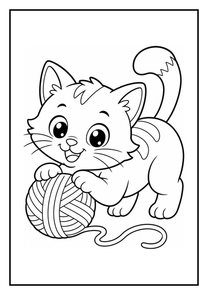 Kleurplaat van een schattige kat die bij een raamstoel ligt en een bol wol vasthoudt