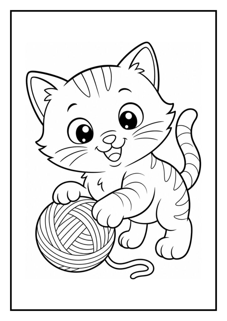 Vrolijke kleurplaat van een schattige kat die met een bol wol uit een speelgoedhoek speelt