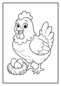 Kleurplaat van een vrolijke kip die over een hek springt naast een nest met drie eieren