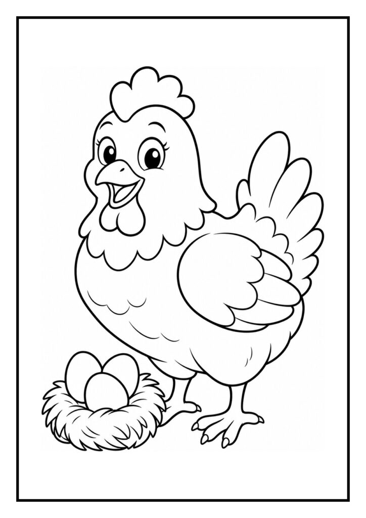 Kleurplaat van een vrolijke kip die over een hek springt naast een nest met drie eieren