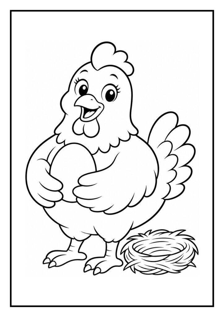 Kleurplaat van een vrolijke kip die een groot ei vasthoudt naast een nest