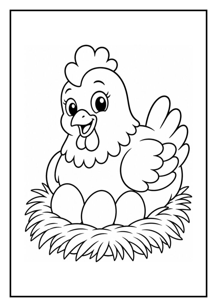 Vrolijke kleurplaat van een kip die op eieren zit in een nest in een hooiberg