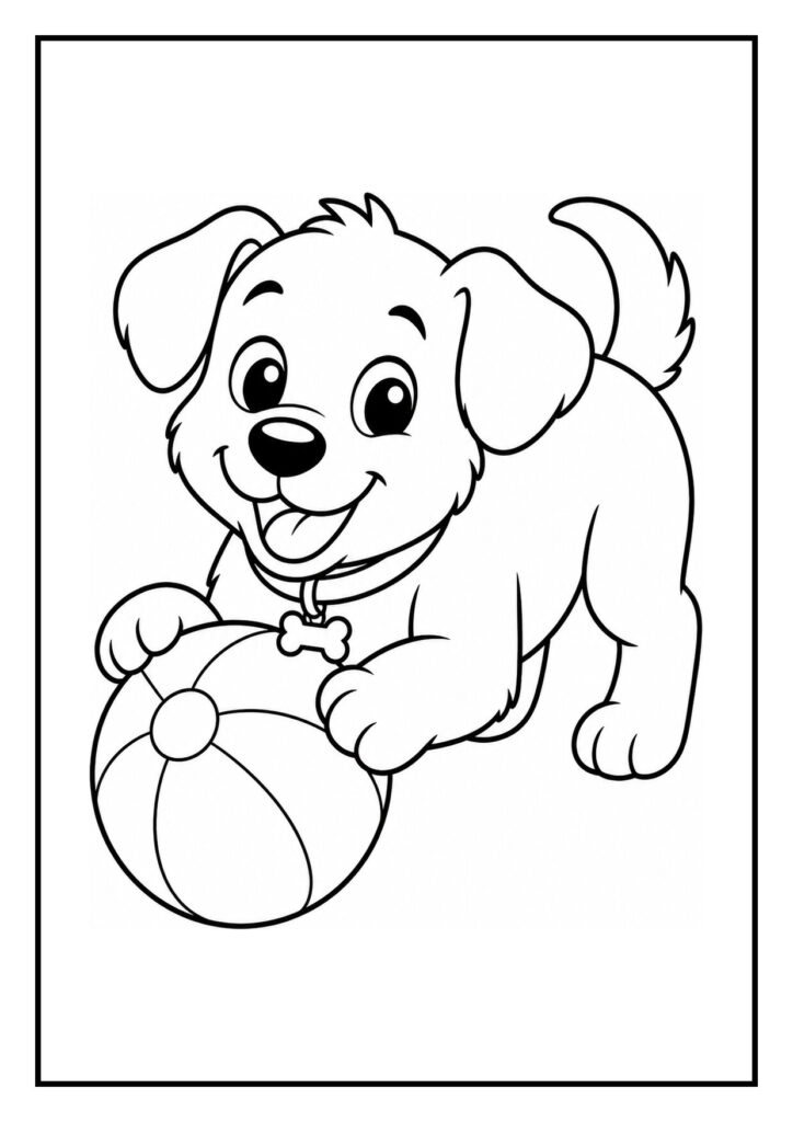 Kleurplaat van een vrolijke schattige puppy die een bal vangt