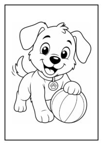Kleurplaat van een vrolijke puppy die een cadeau opent en speelt met een bal