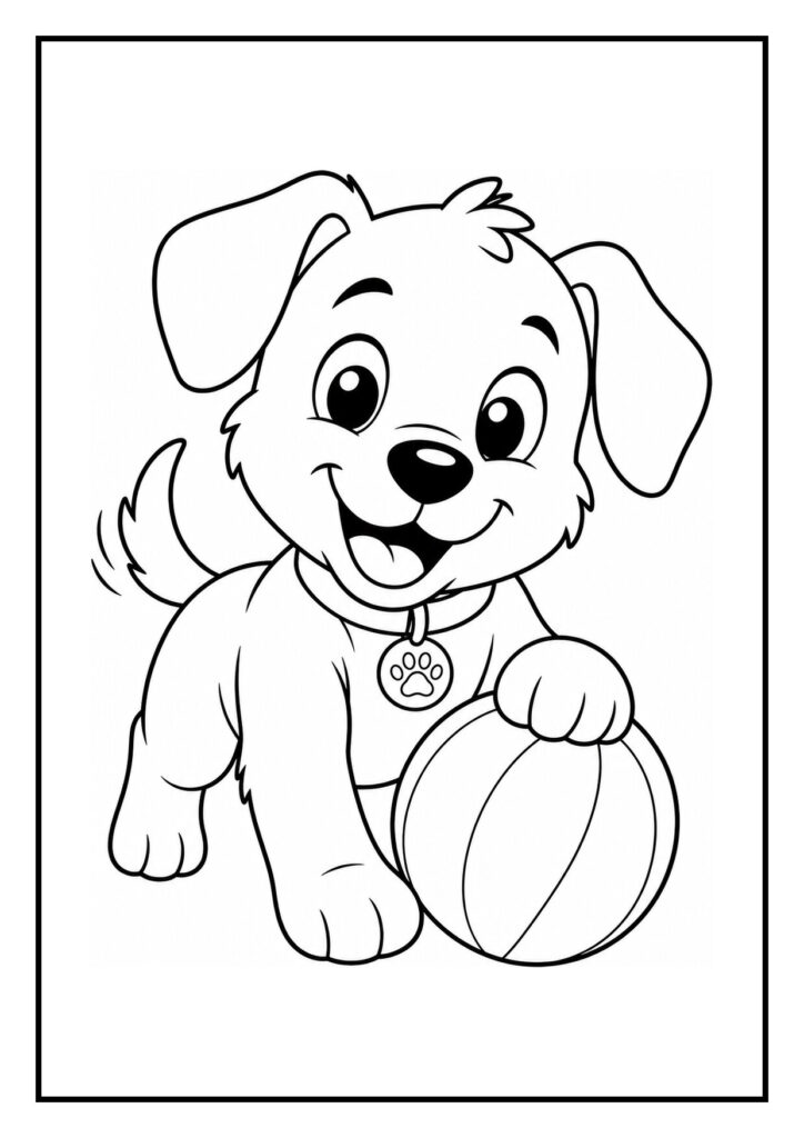 Kleurplaat van een vrolijke puppy die een cadeau opent en speelt met een bal