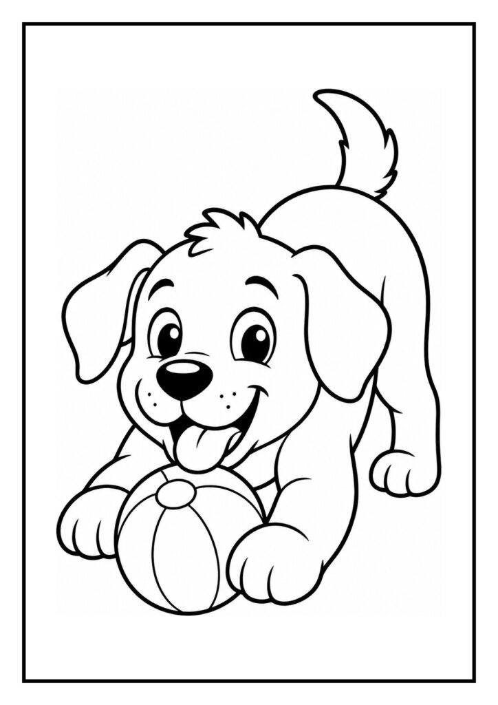 Leuke kleurplaat van een vrolijke puppy die in een modderplas speelt met een bal