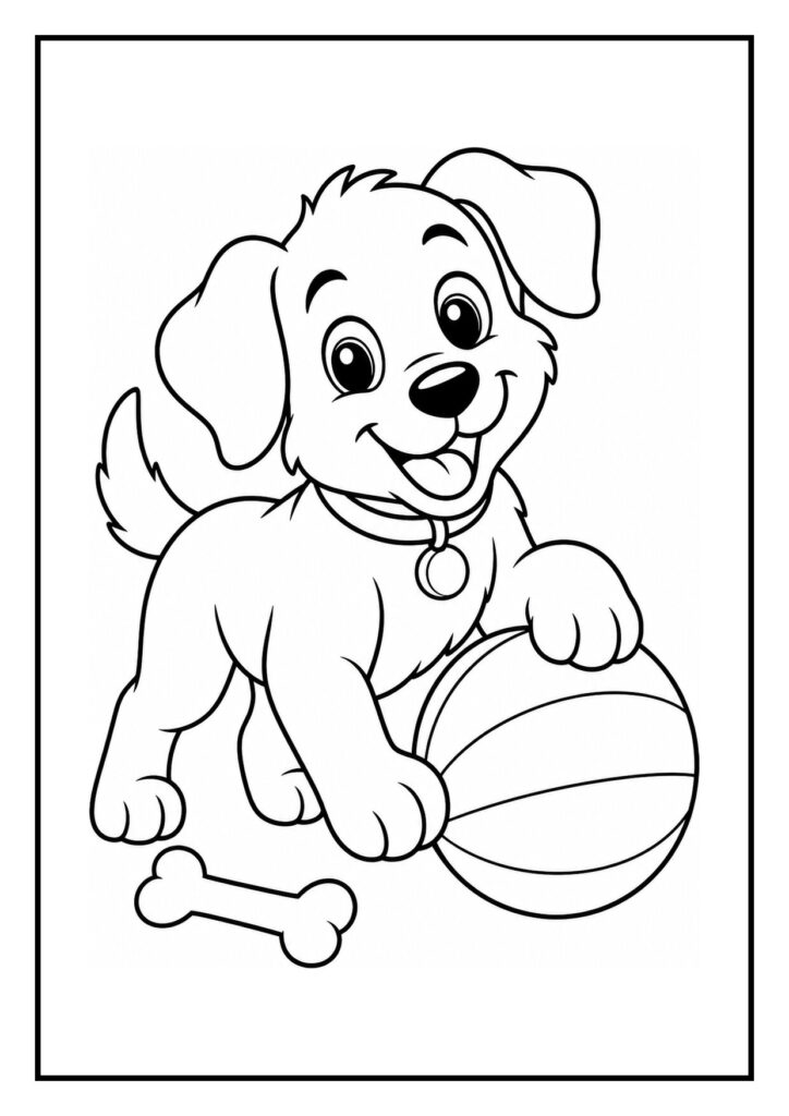Kleurplaat van een vrolijke en speelse puppy die een gevallen sok redt terwijl hij met een bal speelt.