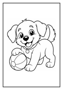 Leuke kleurplaat van een vrolijke puppy die aan een touw met bal trekt