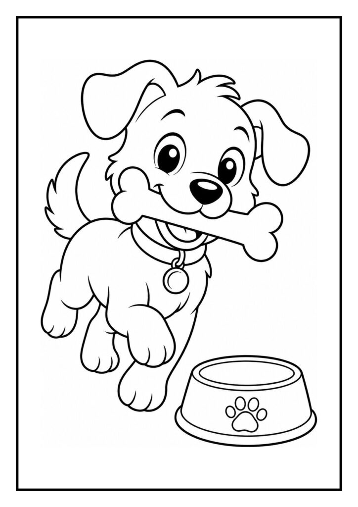 Kleurplaat van een vrolijke schattige puppy met een bot in zijn bek en een voerbakje ernaast