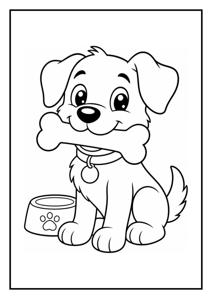 Kleurplaat van een schattige puppy die een grote donutvormige band rolt met een bot en voerbak naast zich