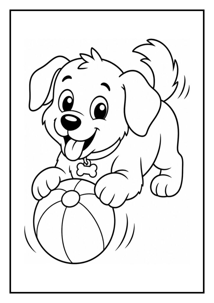 Kleurplaat van een schattige puppy die over een lage hindernis springt met een bal in zijn bek.