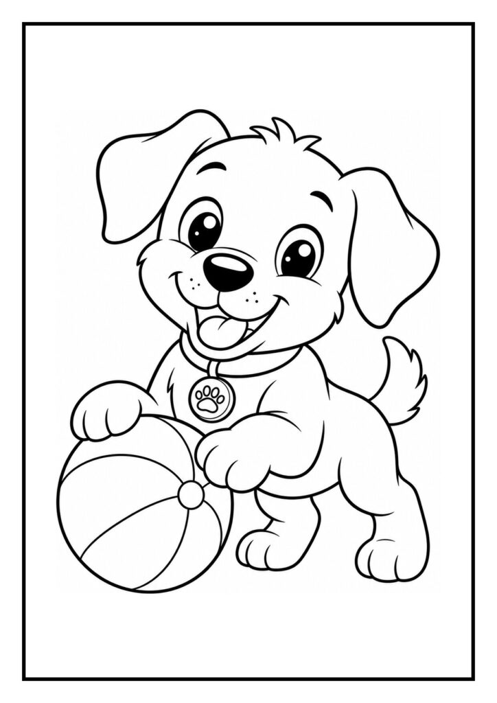 Kleurplaat van een schattige puppy die speels over een zachte deken rolt met een bal naast zich