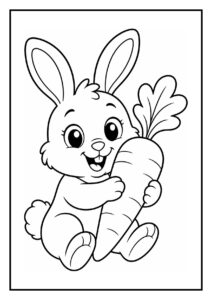 Kleurplaat van een schattig konijn dat blij in een mandje kruipt met een grote wortel