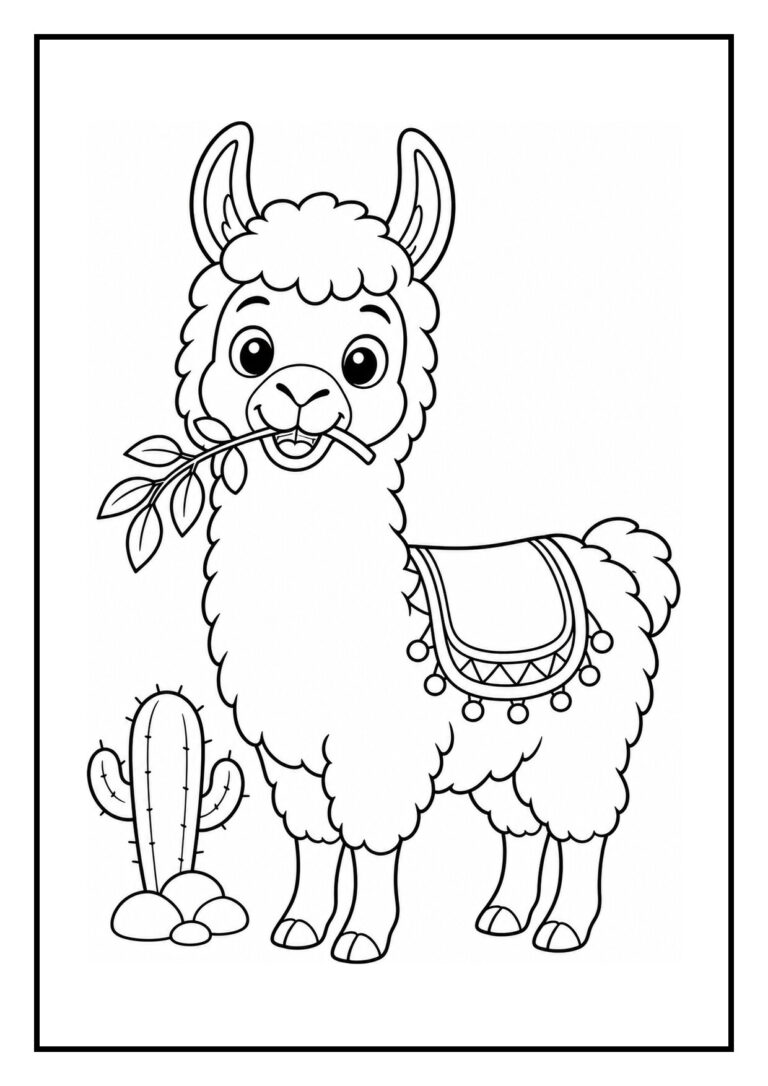 Kleurplaat van een schattige lama die een modderglijbaan afgaat met een cactus op de achtergrond
