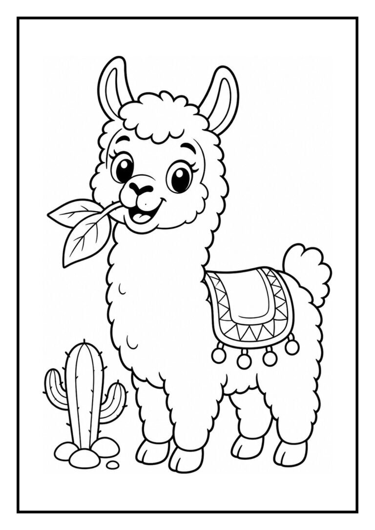 Vrolijke lama kleurplaat met een schattige lama die een deken draagt en een grote bloem onderzoekt in de woestijn
