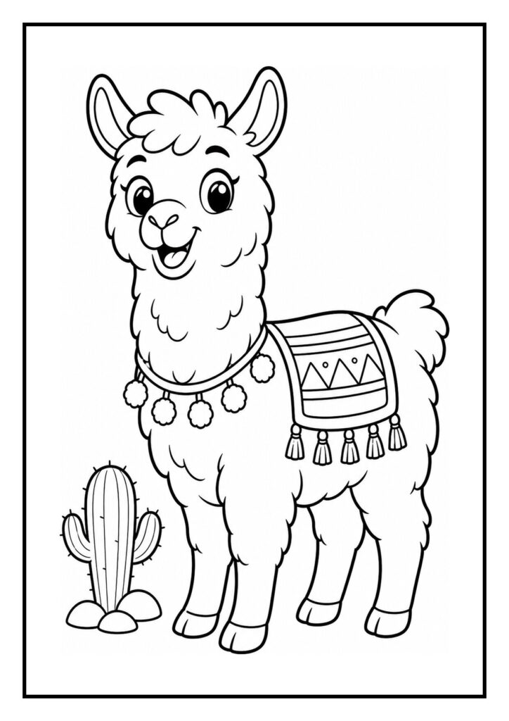 Kleurplaat van een vrolijke lama met een versierde deken op zijn rug die in de waterbak plonst met een cactus ernaast.
