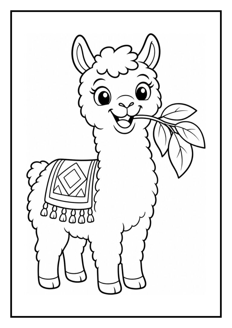 Vrolijke alpaca die zichzelf versiert met een slinger en een blad in de mond houdt