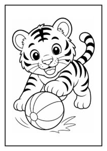 Leuke kleurplaat van een schattige tijger die speelt en zijn staart met een bal probeert te vangen