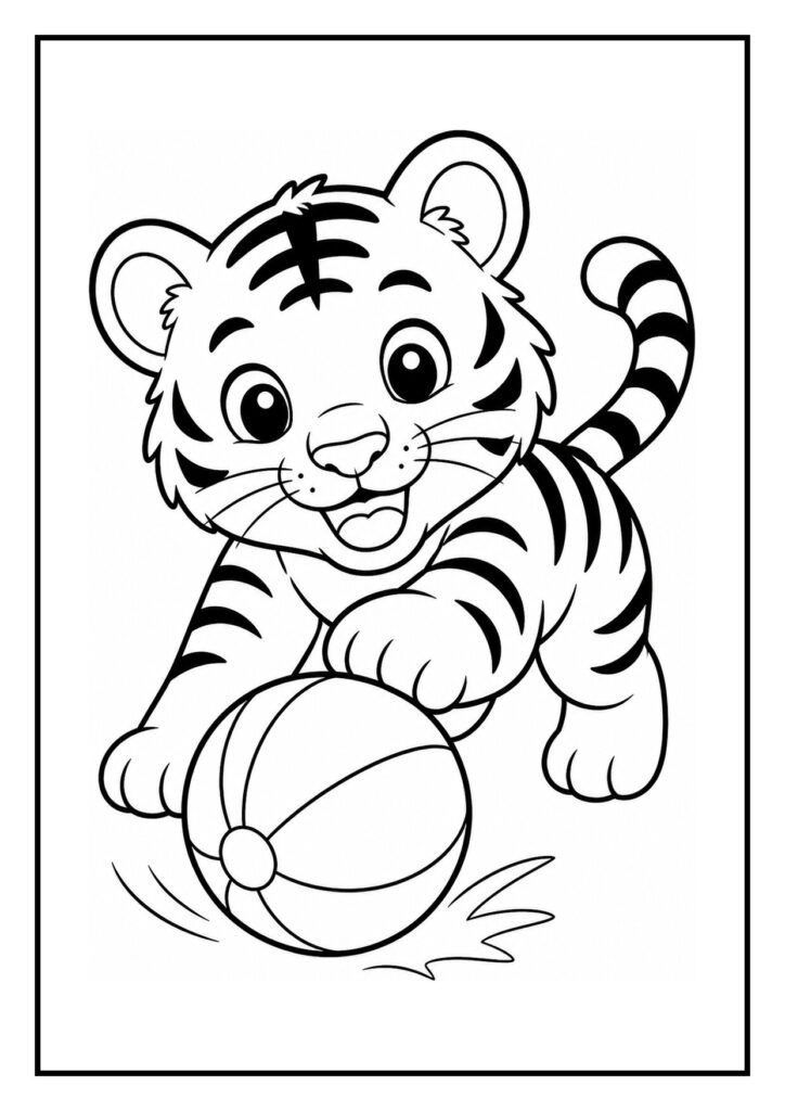 Leuke kleurplaat van een schattige tijger die speelt en zijn staart met een bal probeert te vangen