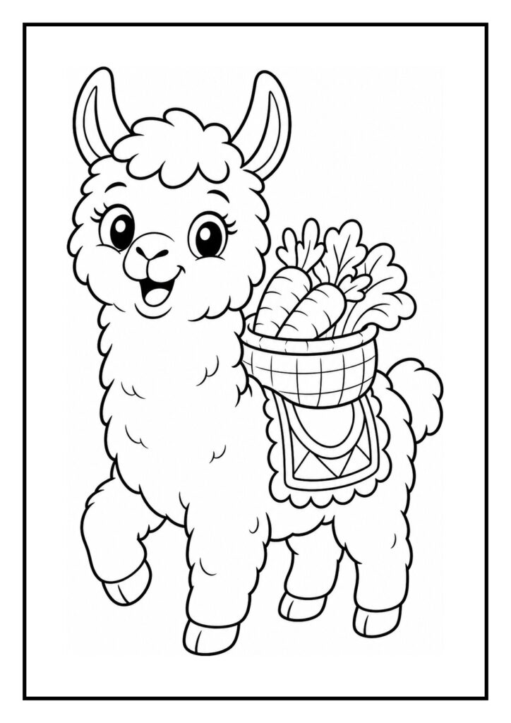 Leuke kleurplaat van een vrolijke lama met zijn neus in een mand vol groenten