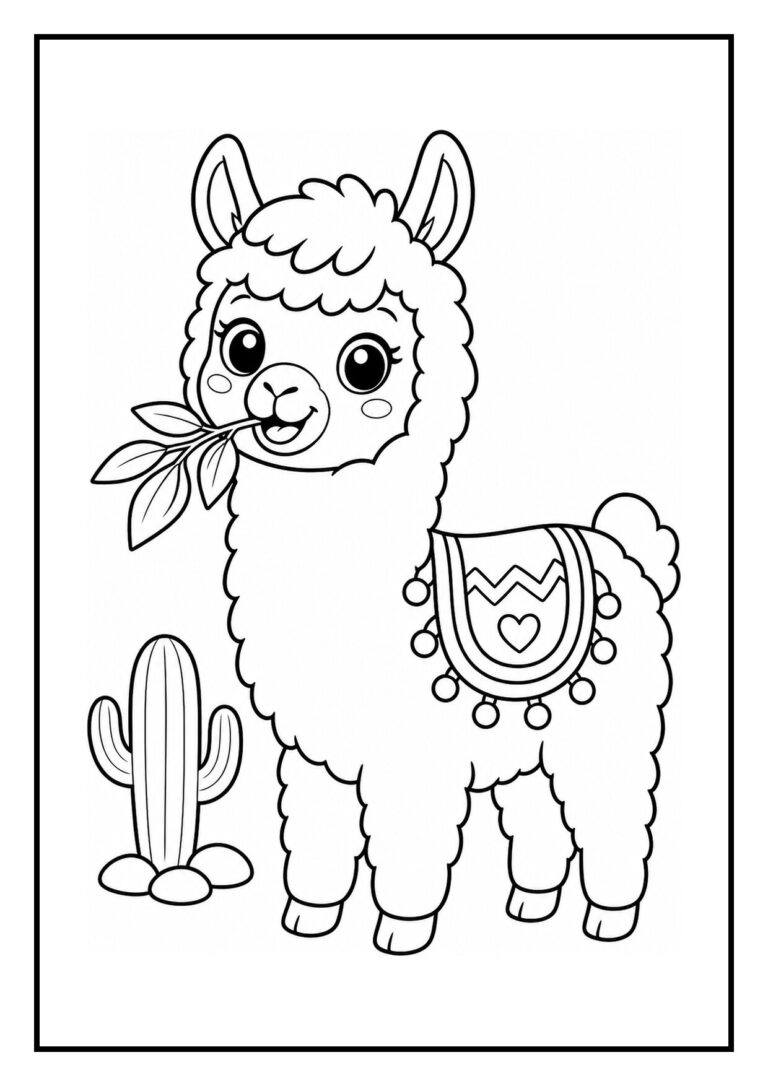 Kleurplaat van een schattige lama die blaast tegen een veertje met een takje en cactus op de achtergrond