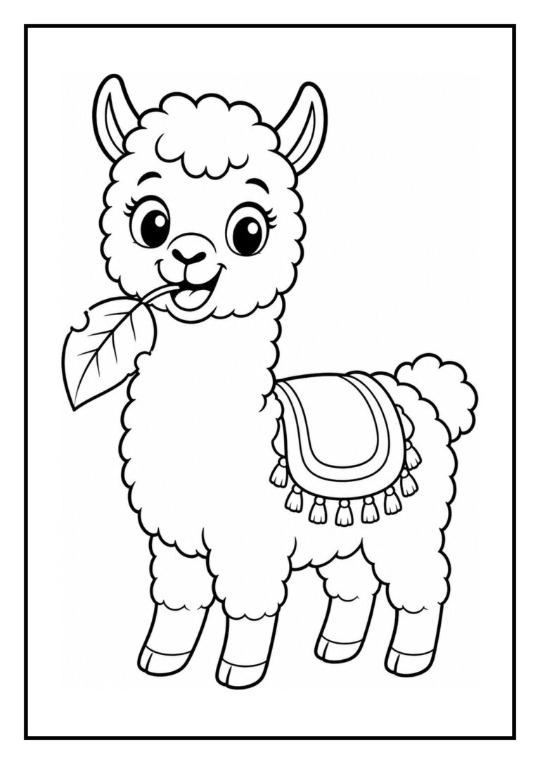 Kleurplaat van een vrolijke lama die een dekentje draagt richting zijn slaapplek