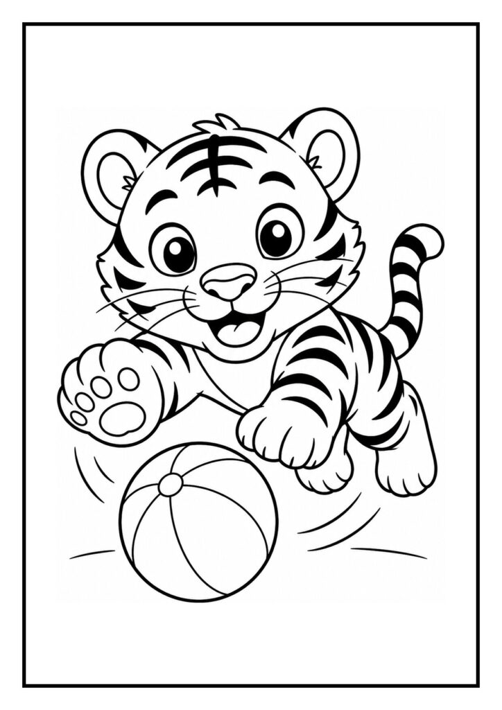 Kleurplaat van een vrolijke tijger die over een boomstam springt met een bal.