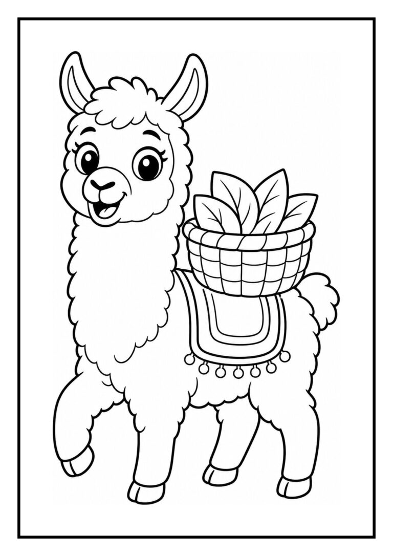 Leuke kleurplaat van een schattige lama die wandelt met een lint in zijn manen