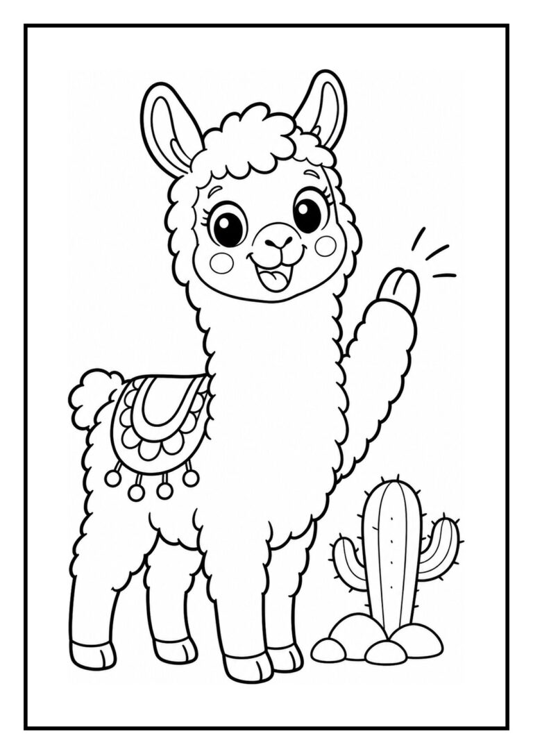 Leuke kleurplaat van een vrolijke en schattige lama die een vlinder helpt landen naast een cactus