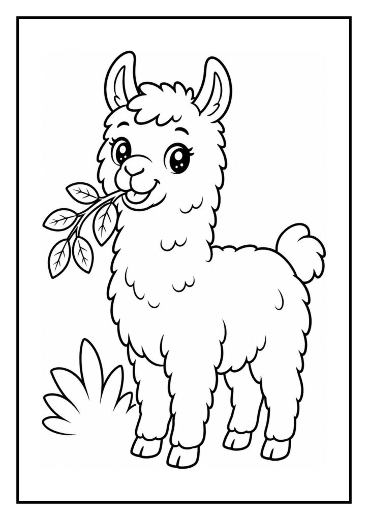 Vrolijke schattige lama die bladeren eet in een bosrijke omgeving tijdens een zachte windvlaag