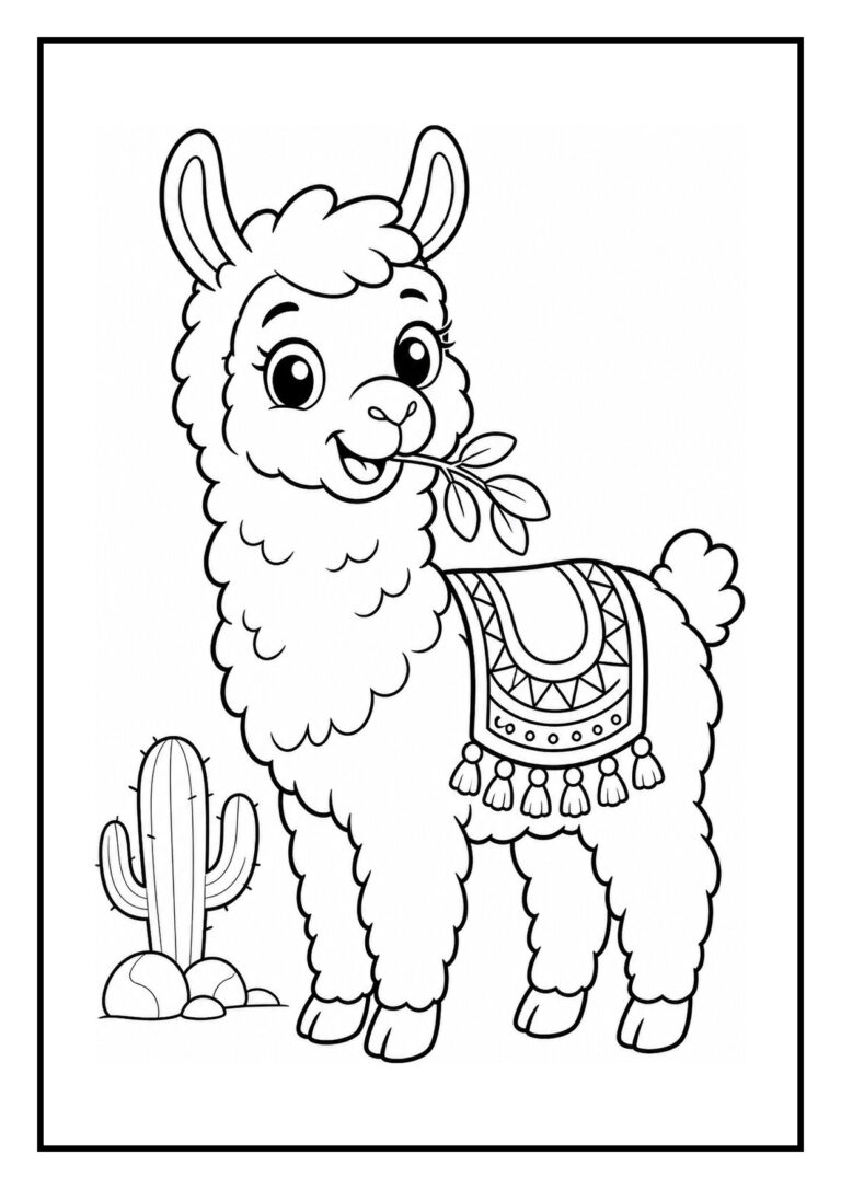 Kleurplaat van een vrolijke lama met een decoratief deken en een takje in zijn mond, staand naast een cactus en volgende voetsporen