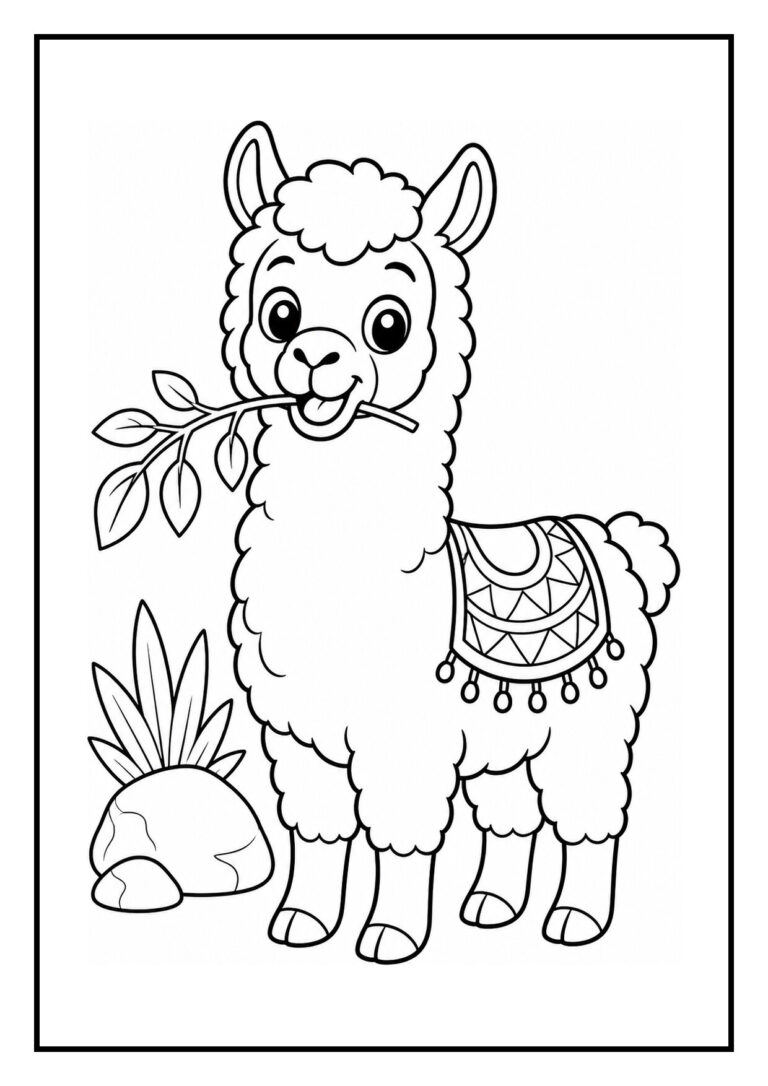 Kleurplaat van een schattige lama die vrolijk een ballon probeert te vangen met een blad in zijn mond