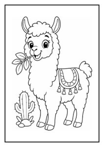 Kleurplaat van een schattige lama met een blad in de mond die een grote sprong maakt over een plas water, naast een cactus.