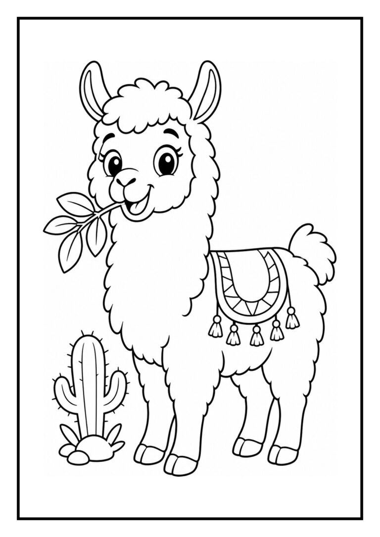 Kleurplaat van een schattige lama met een blad in de mond die een grote sprong maakt over een plas water, naast een cactus.