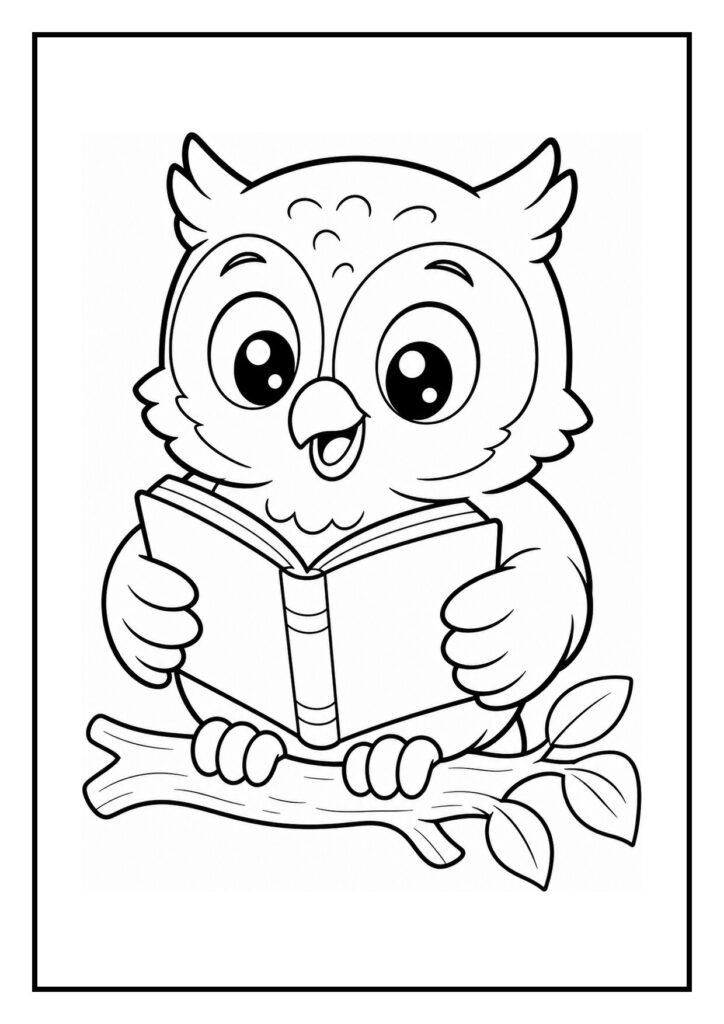 Kleurplaat van een schattige uil die een boek leest en op een tak zit in het bos
